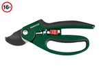 Green and black garden pruning shears with a red safety lock, age restriction 16+.
