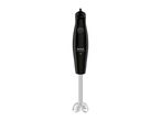 A black immersion blender with a silver blending shaft and a single button on the handle.