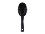 A black oval hairbrush with a handle and a hole for hanging.