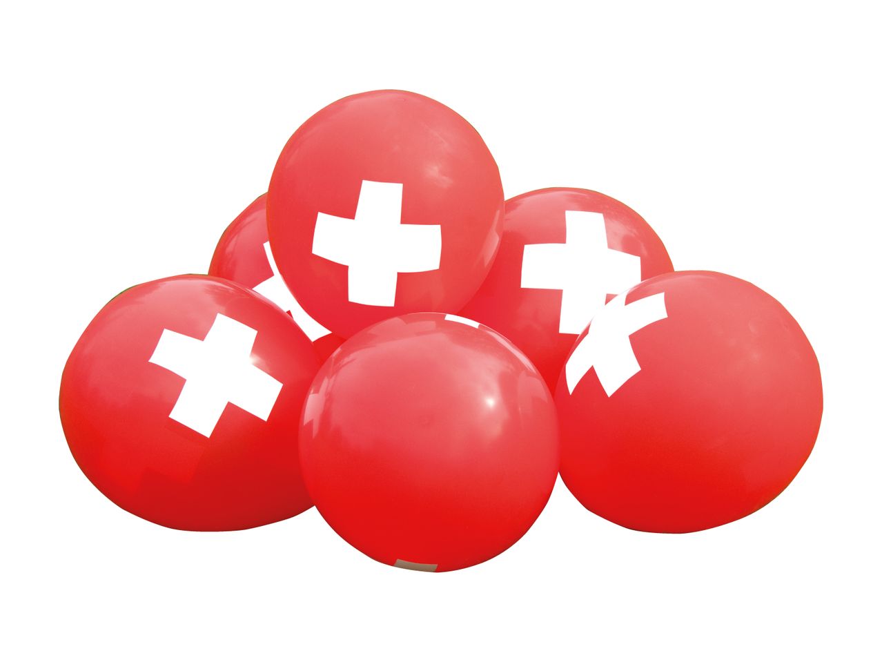 Rote Ballons mit weißen Kreuzen.