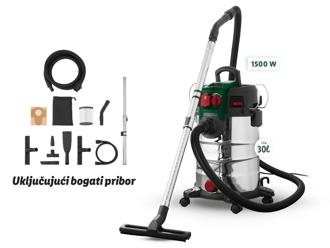 Parkside usisavač s bogatom opremom, 1500 W, 30l.