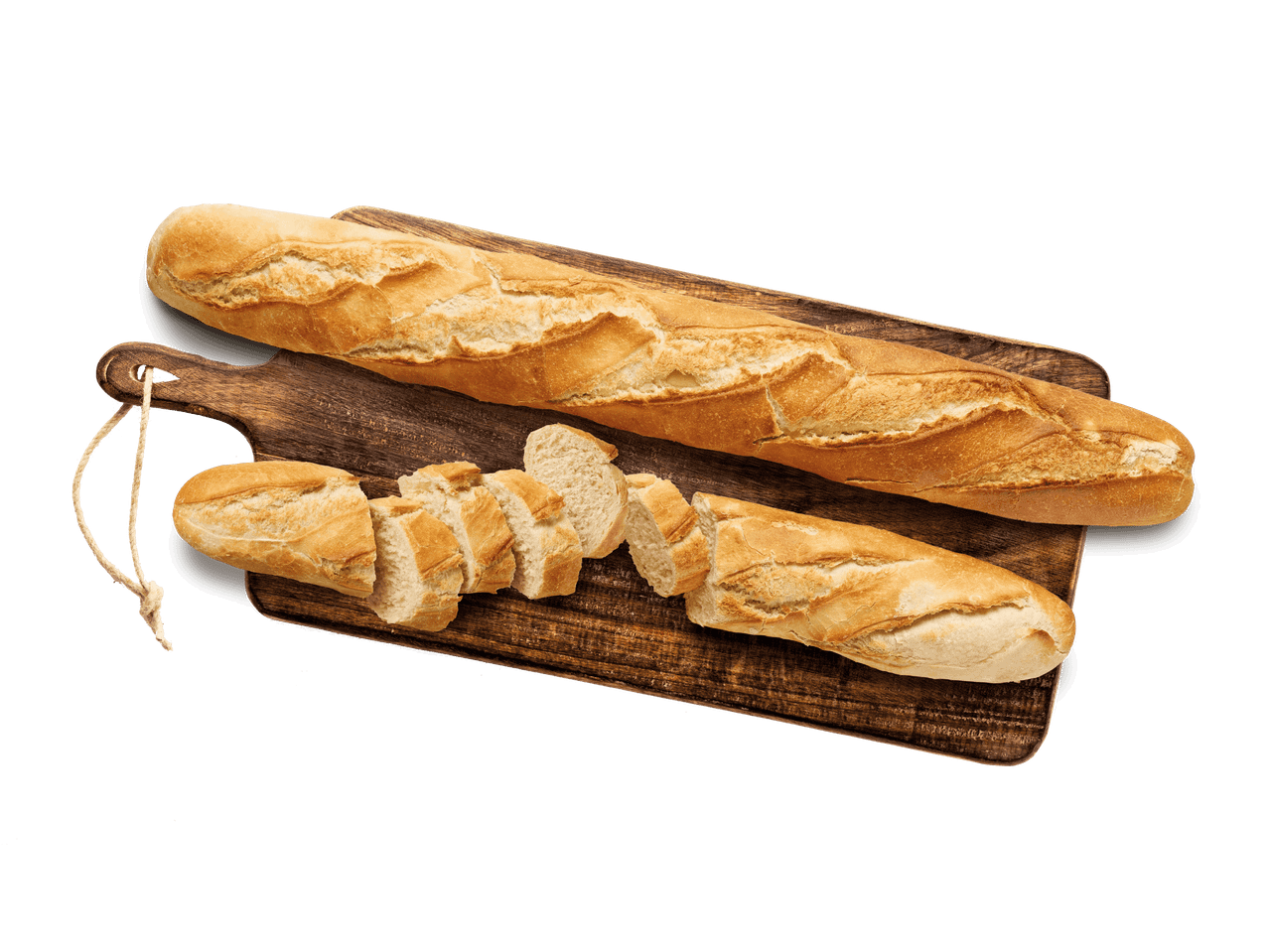 Zwei Baguettes auf einem Holzbrett, eines davon in Scheiben geschnitten.