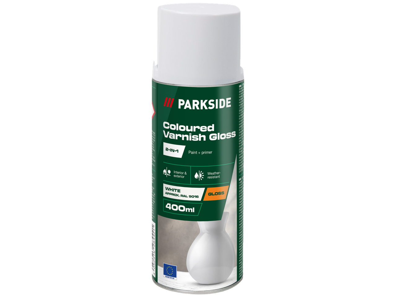 Parkside Coloured Varnish Gloss: white spray paint, 2-in-1, interior & exterior.