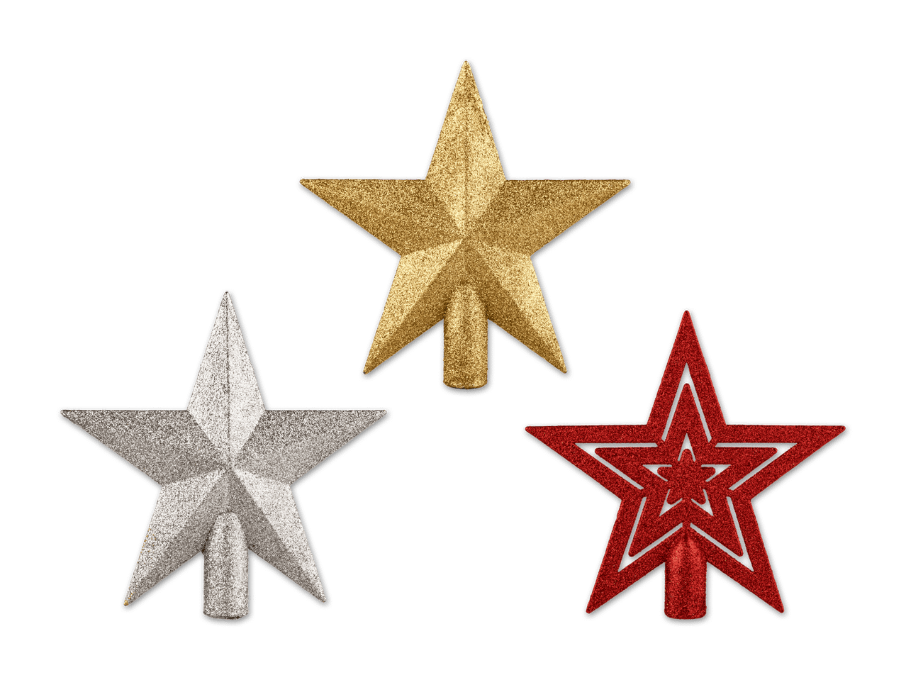Drei glitzernde Stern-Weihnachtsbaumspitzen in Gold, Silber und Rot auf schwarzem Hintergrund.