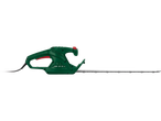 A green Bosch hedge trimmer with a long blade is shown against a black background.