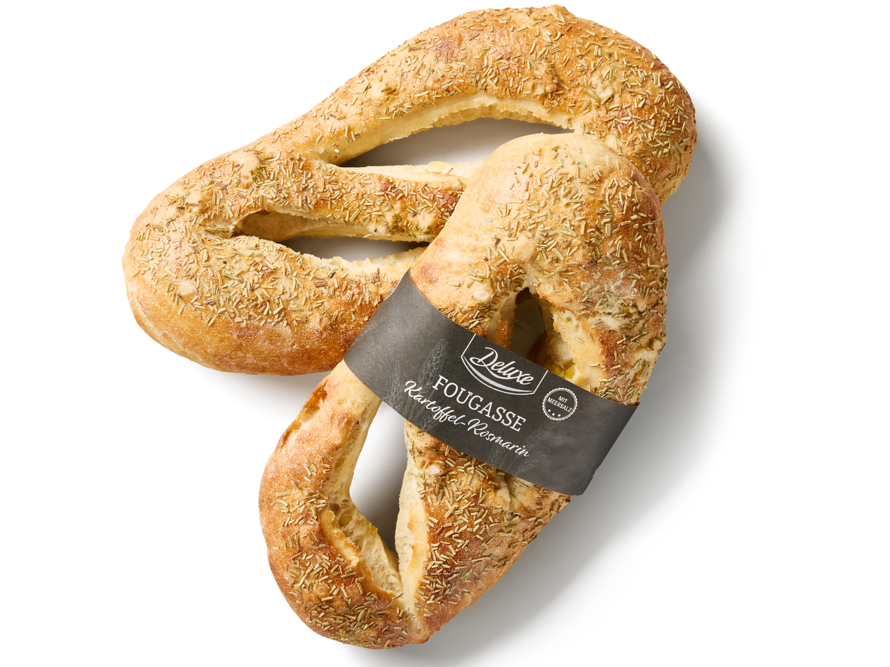 Dvije fougasse s krumpirom i ružmarinom, jedna s crnom etiketom.