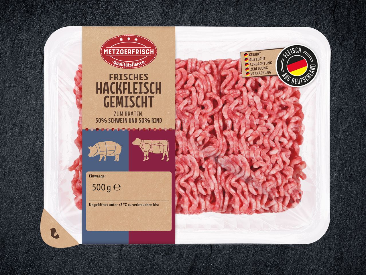 Metzgerfrisch Hackfleisch gemischt: 50% Schwein und 50% Rind.