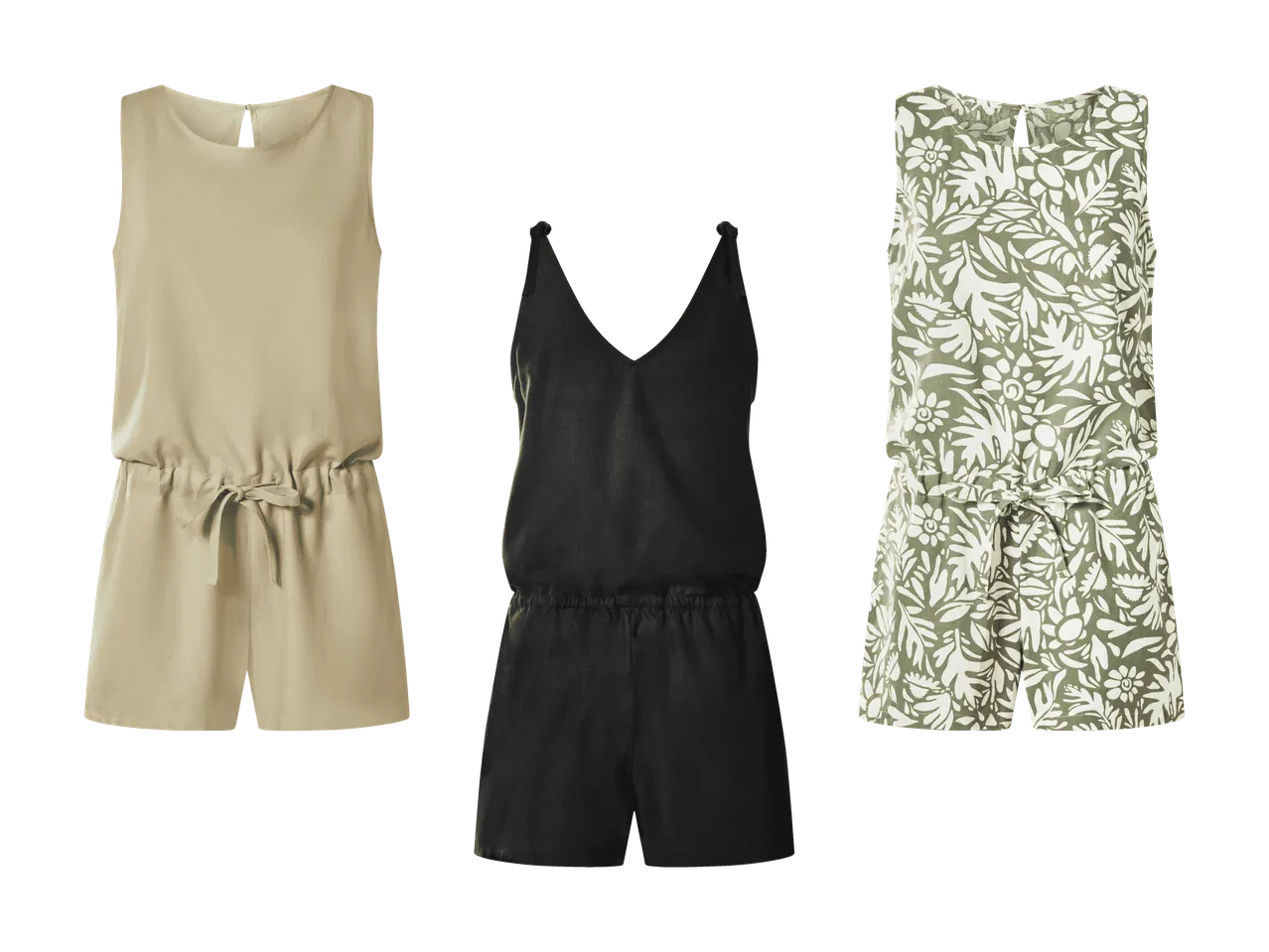 Drei Damen-Playsuits: beige, schwarz und grün mit weißem Blumenmuster.