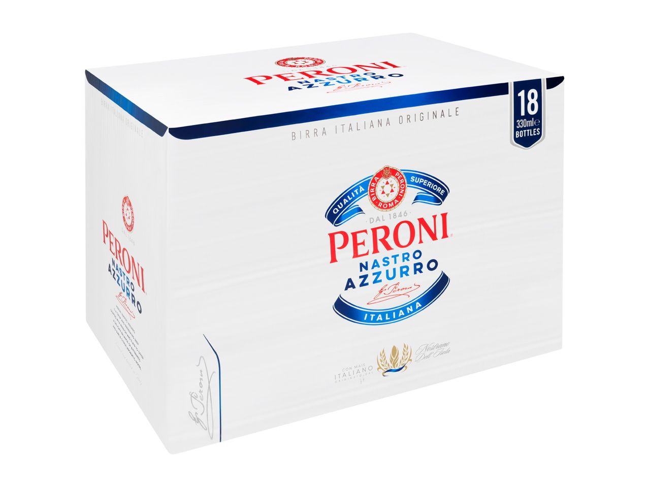 A white cardboard box of 18 bottles of Italian beer, with blue and red branding.