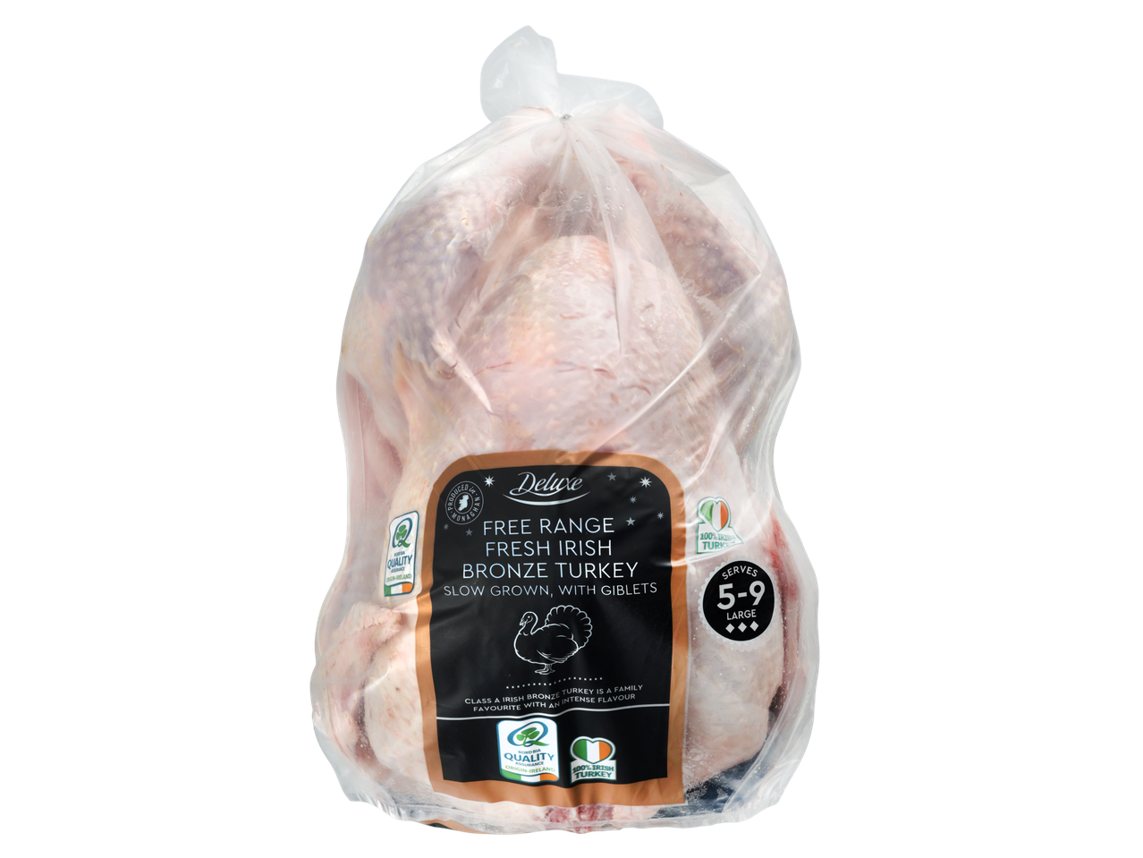 Deluxe Free Range Fresh Irish Bronze Turkey, slow grown with giblets, serves 5-9 large.