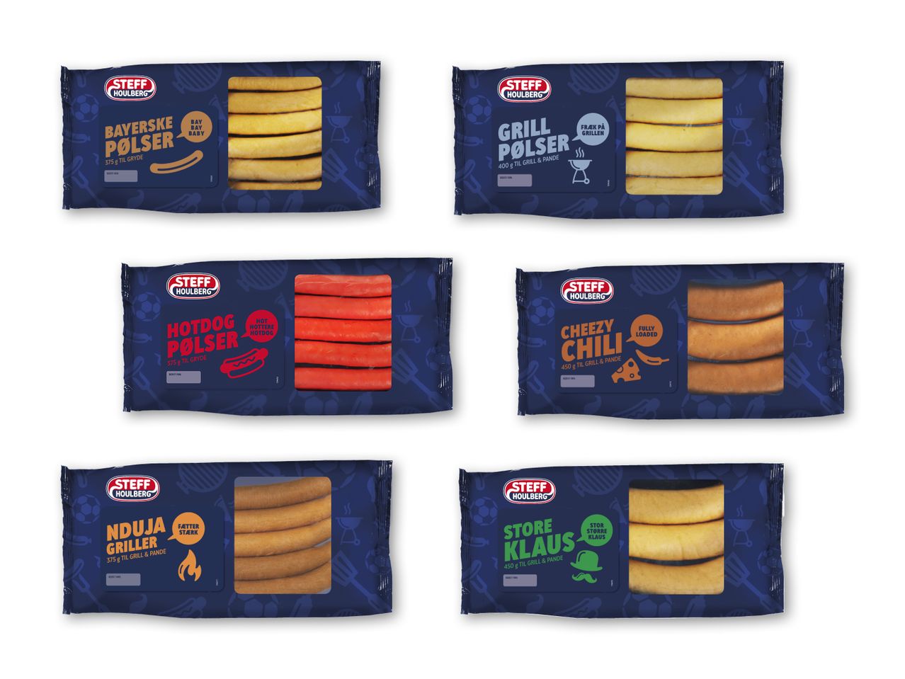 Seks forskellige pakker Steff Houlberg pølser til grill og gryde.