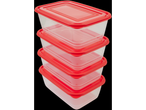 Three stackable, clear plastic food containers with red lids.
