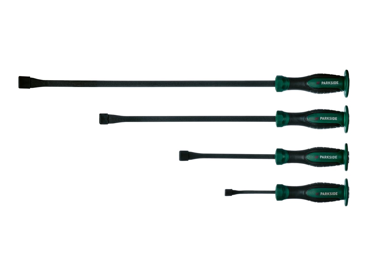 Four Parkside screwdrivers of varying lengths with black shafts and green and black handles.