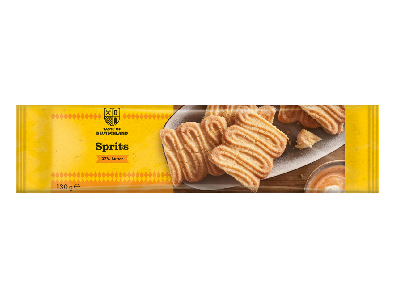 Alpenfest Roomboterspritsen in gele verpakking met 37% boter, naast een bord met koekjes.