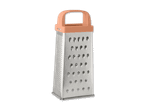 Eine Boxreibe aus Edelstahl mit orangenem Griff.