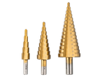 Three OWIM step drill bits of varying sizes are shown against a black background.