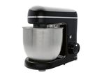 Black stand mixer with a stainless steel bowl and a control dial on a white background.
