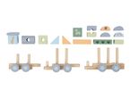 Wooden stacking train with safari animal blocks and pastel-colored shapes.