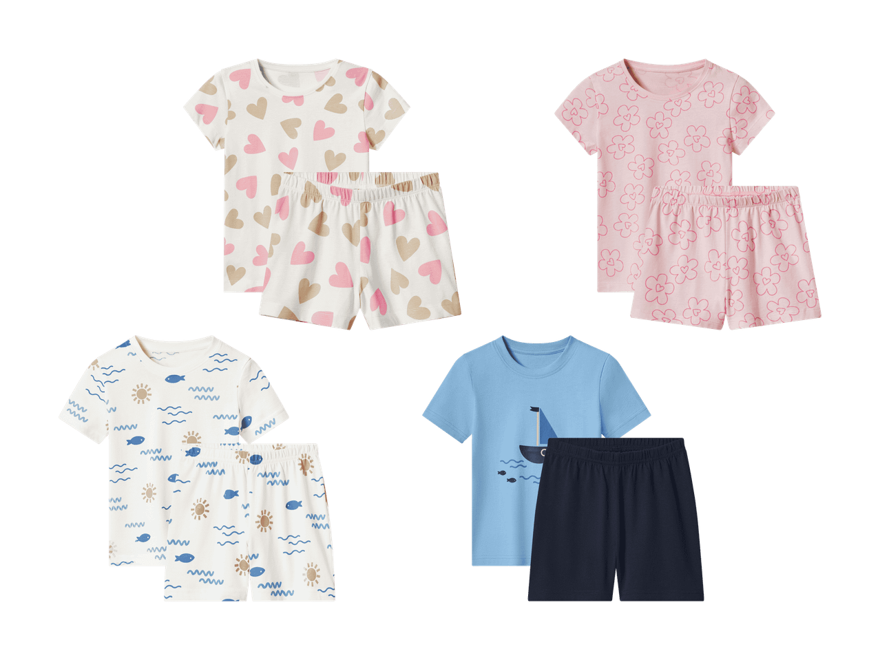 Kinder-Pyjama-Sets mit Herz-, Blumen-, Fisch- und Bootsmotiven.
