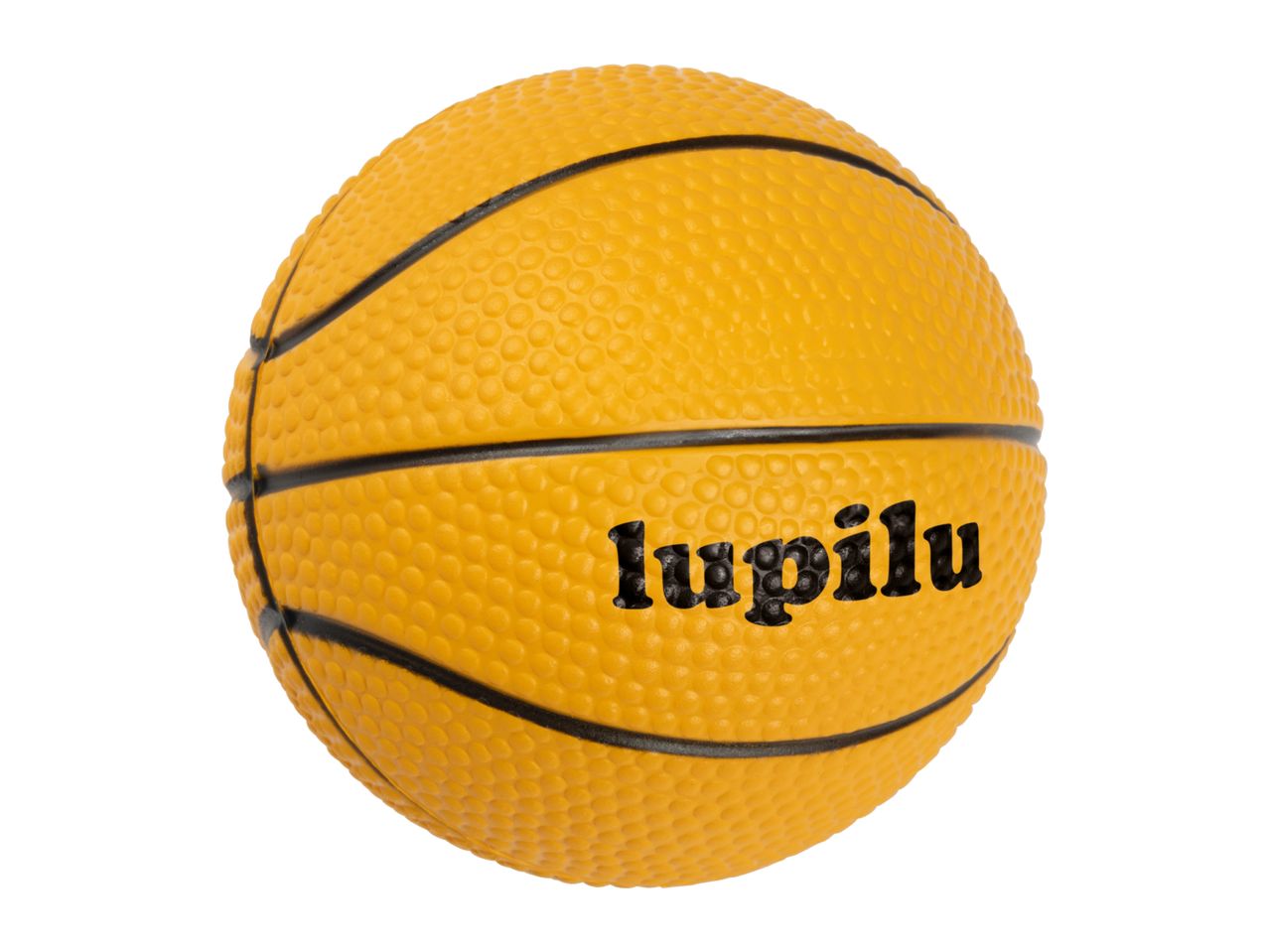 Yellow toy basketball with black lines and the word 'lupilu' printed on it.