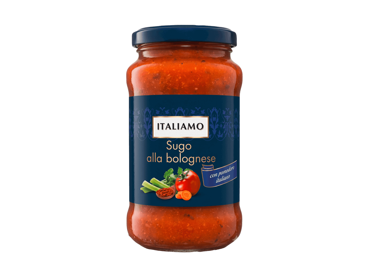 Pot de sauce bolognaise avec tomate italienne, céleri, carottes et persil.