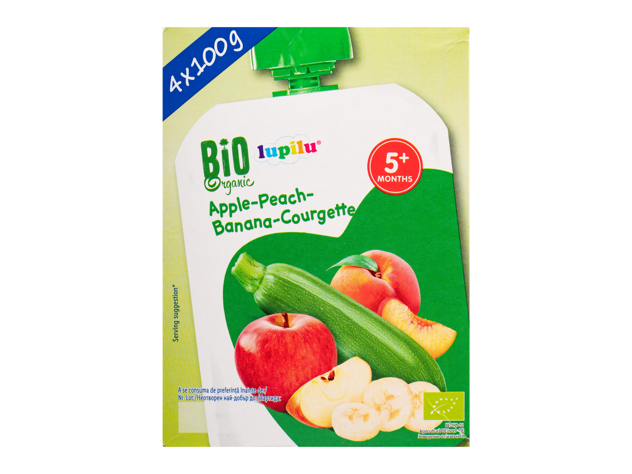 Plicuri Lupilu Bio cu piure de mere, piersici, banane și dovlecei (4x100g).