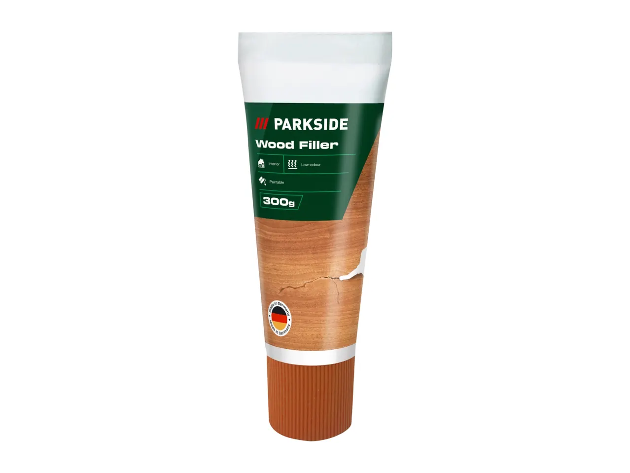 Wood filler tube for interior use, low-odour and paintable, 300g, made in Germany.