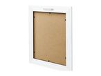 Back of a white wooden picture frame with a hanging bracket