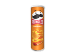 En orange paprikachips-beholder med et tegneserieansigt og chips, der flyver ud.