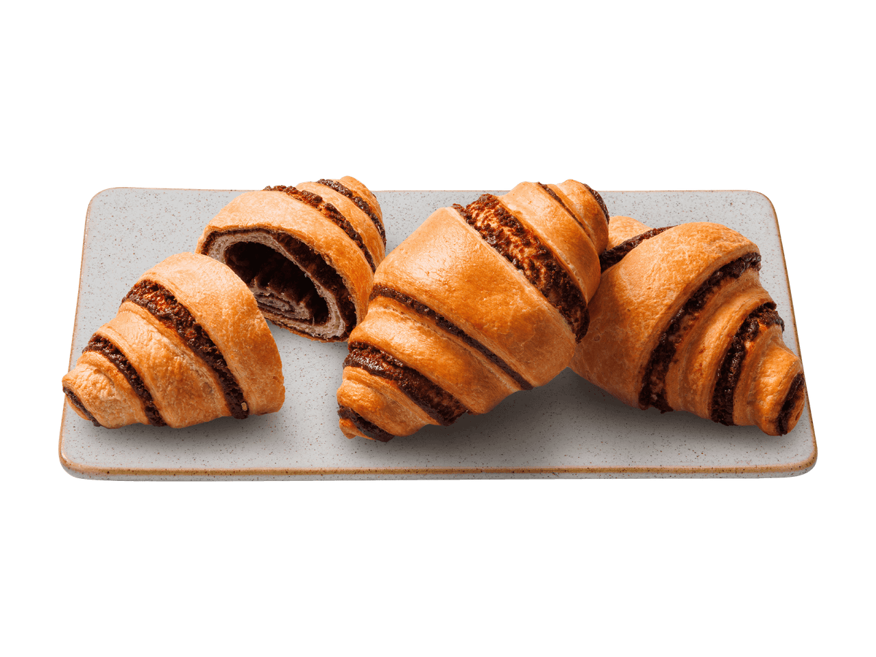 Croissants au chocolat sur une assiette rectangulaire.