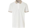 Polo bianca a maniche corte con colletto beige.