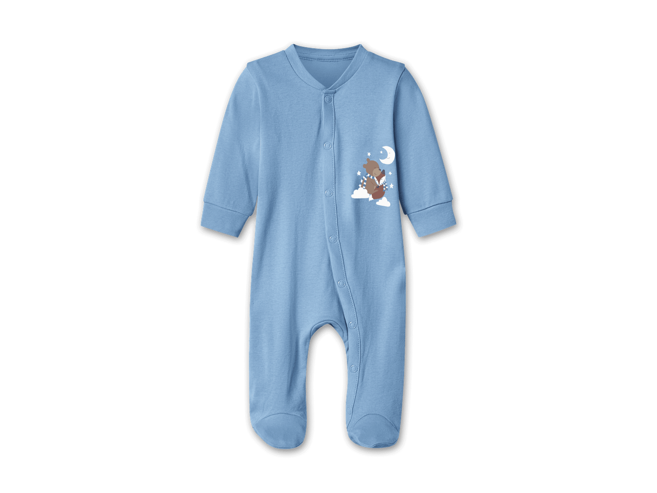 Baby-Strampler in Hellblau mit Bärchen-Motiv, Mond und Sternen
