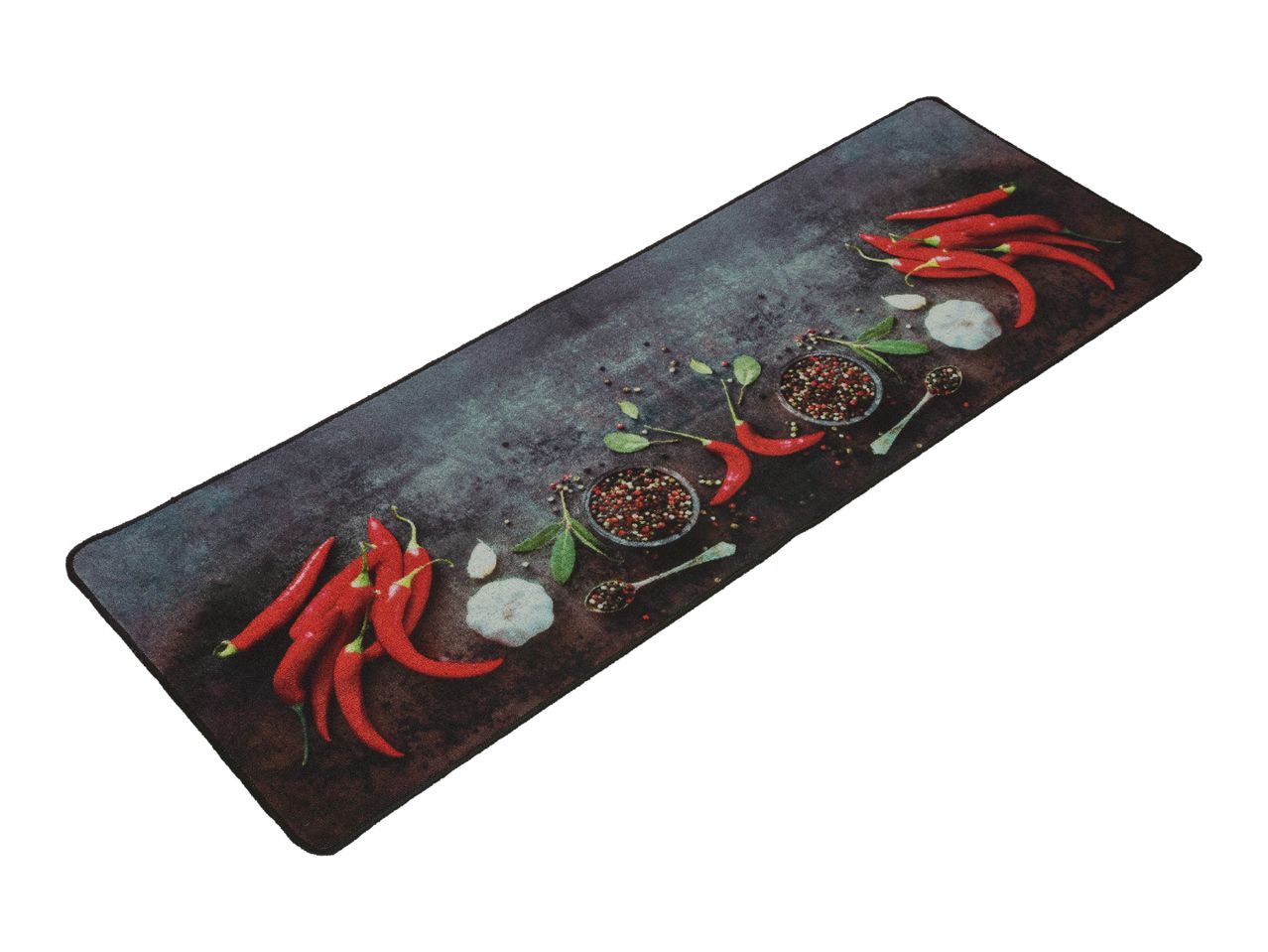 Kitchen mat with chili peppers, garlic, and spices on a dark background.