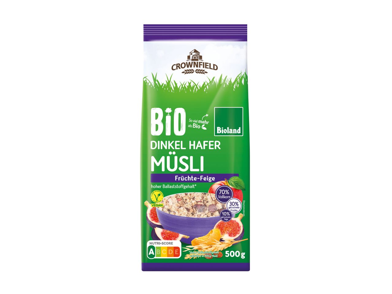 Crownfield Dinkel-Hafer-Müsli mit Früchten und Feigen.
