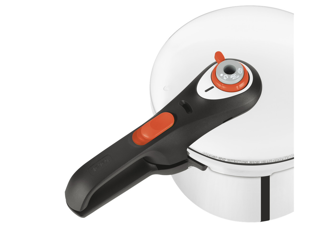 Λαμαρίνα πίεσης Tefal με πορτοκαλί και μαύρες λεπτομέρειες.
