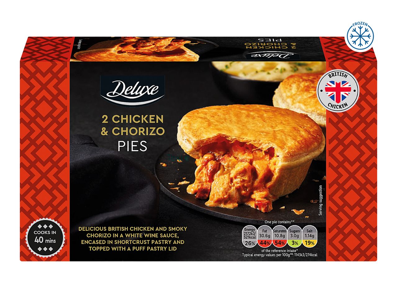 Deluxe 2 Chicken & Chorizo Pies in a red and black box, with nutritional information.