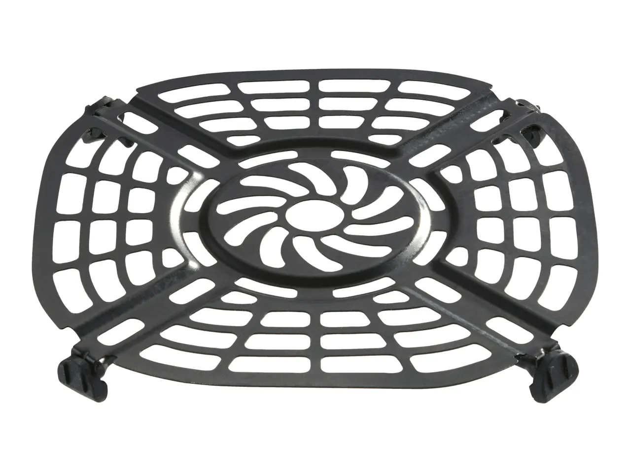 Black metal air fryer rack with a perforated design and rubber feet.