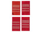 Four packages of sewing needles on a red background.