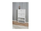 White shoe cabinet with two drawers and a tilt-out shoe compartment.