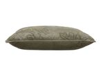 Olive green decorative cushion with embroidered leaf patterns.