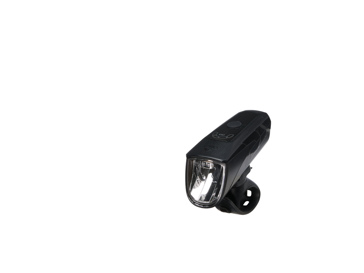 Black bicycle front light with a clear lens and control buttons on top.