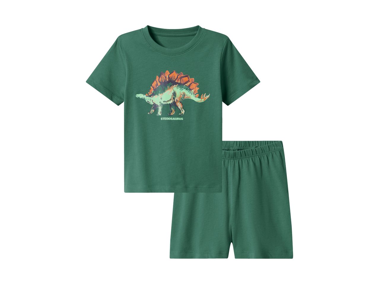 Green kids' pajama set with a Stegosaurus print on the t-shirt.