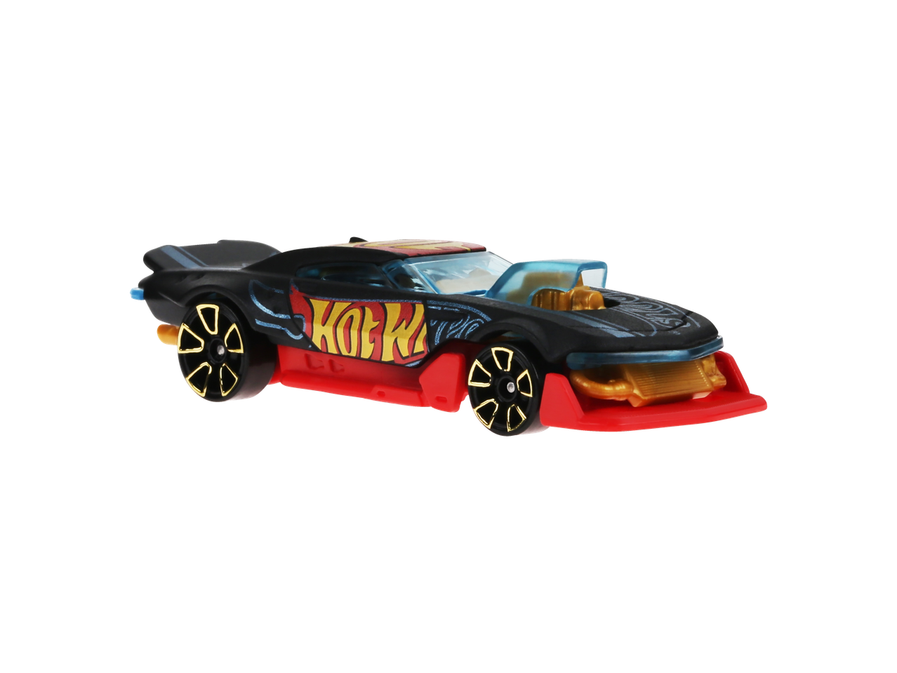 Ένα Hot Wheels αυτοκινητάκι, μαύρο με κόκκινες λεπτομέρειες και χρυσές ζάντες.