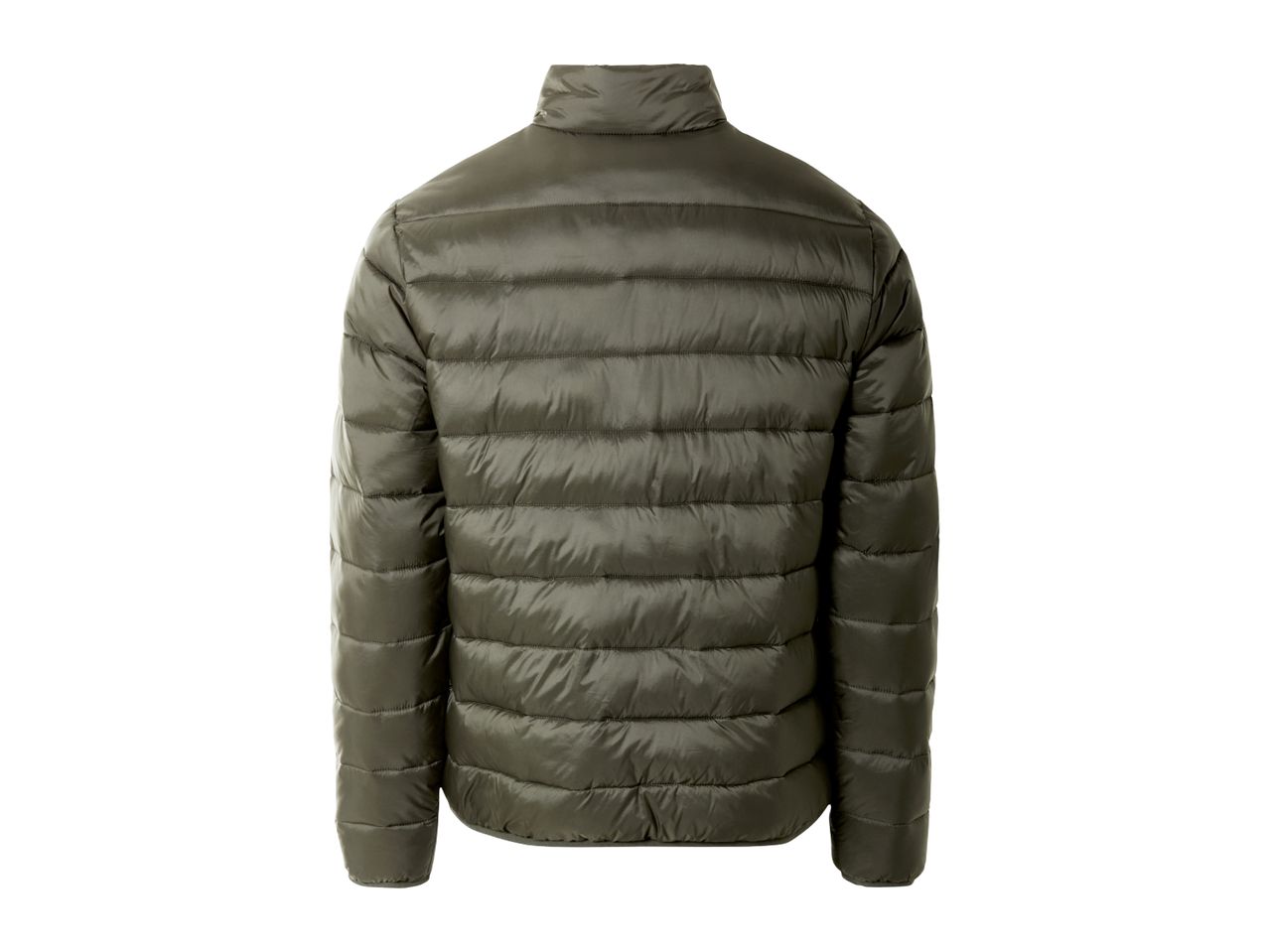 Back view of a dark green puffer jacket