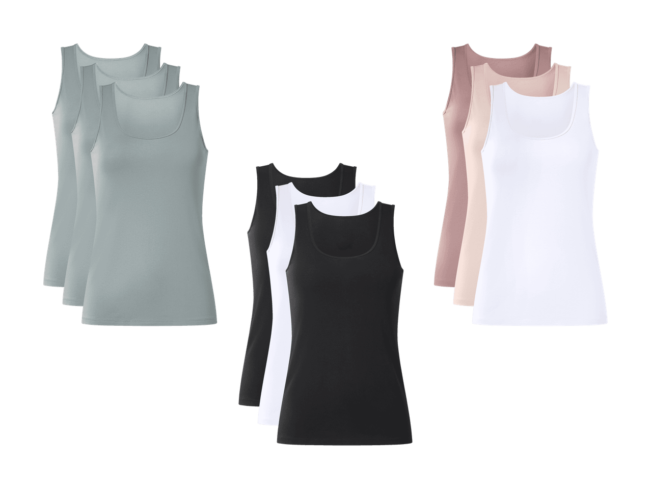 Trois lots de débardeurs pour femmes en gris, noir/blanc et rose/beige/blanc.