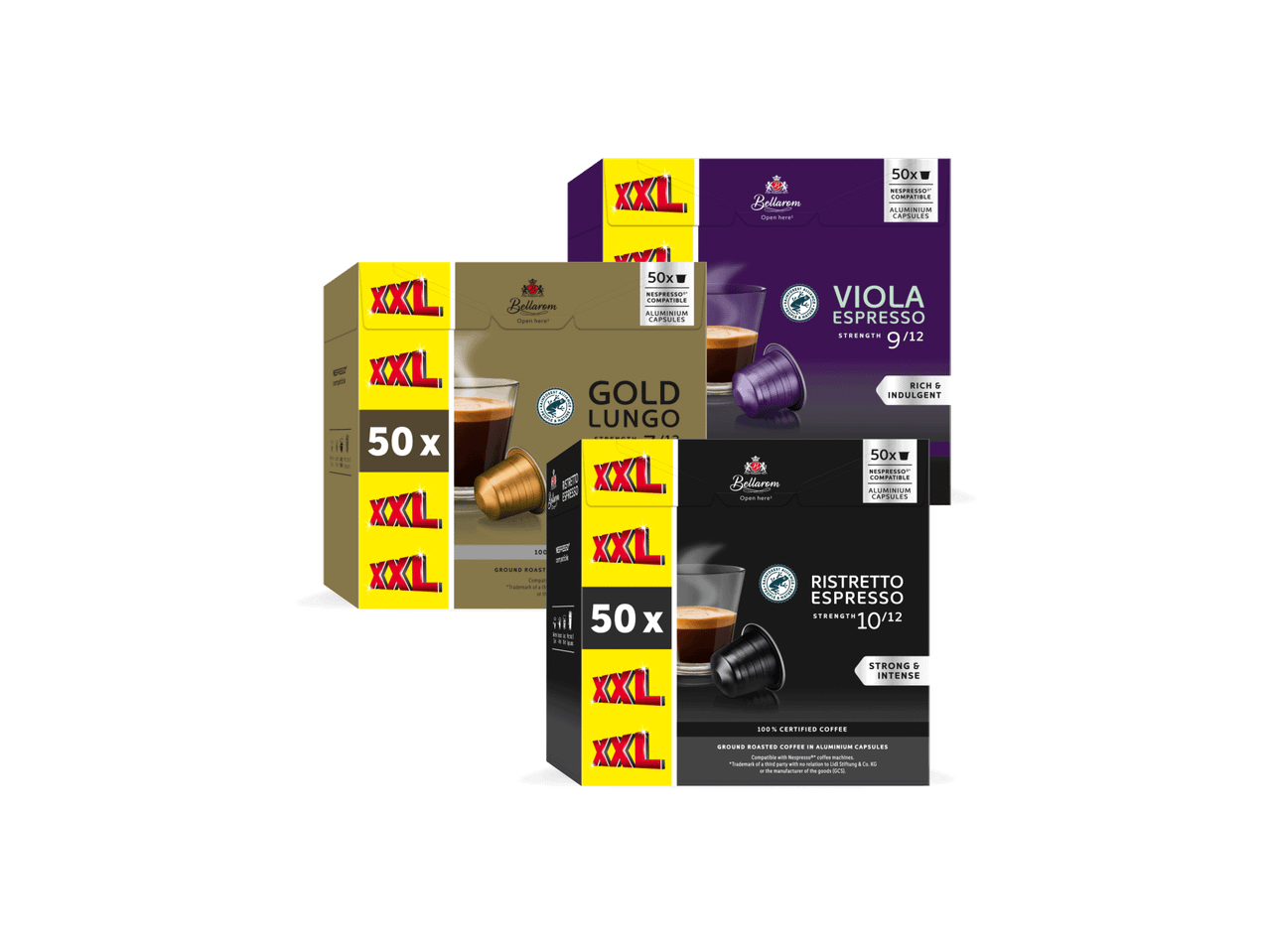 Tri pakovanja XXL kapsula za kafu: zlatne Gold Lungo, ljubičaste Viola Espresso i crne Ristretto Espresso.