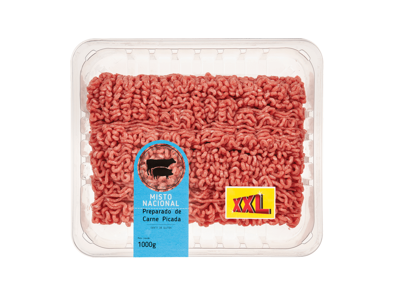 Carne picada mista nacional em embalagem de 1000g, com rótulo 'XXL' e 'ISENTO DE GLÚTEN'.