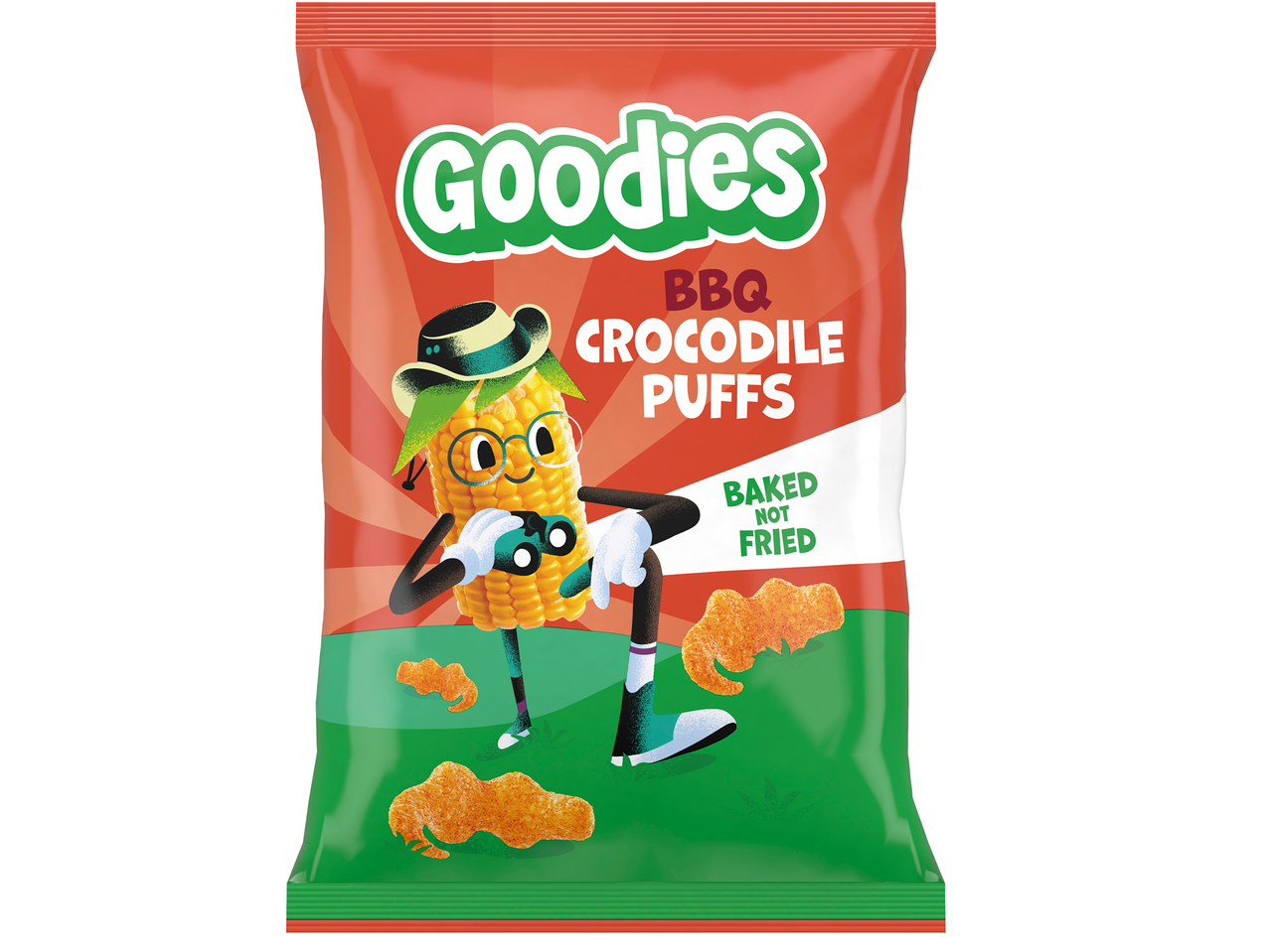 Saco de puffs de milho com sabor a churrasco em forma de crocodilo, assados, não fritos.