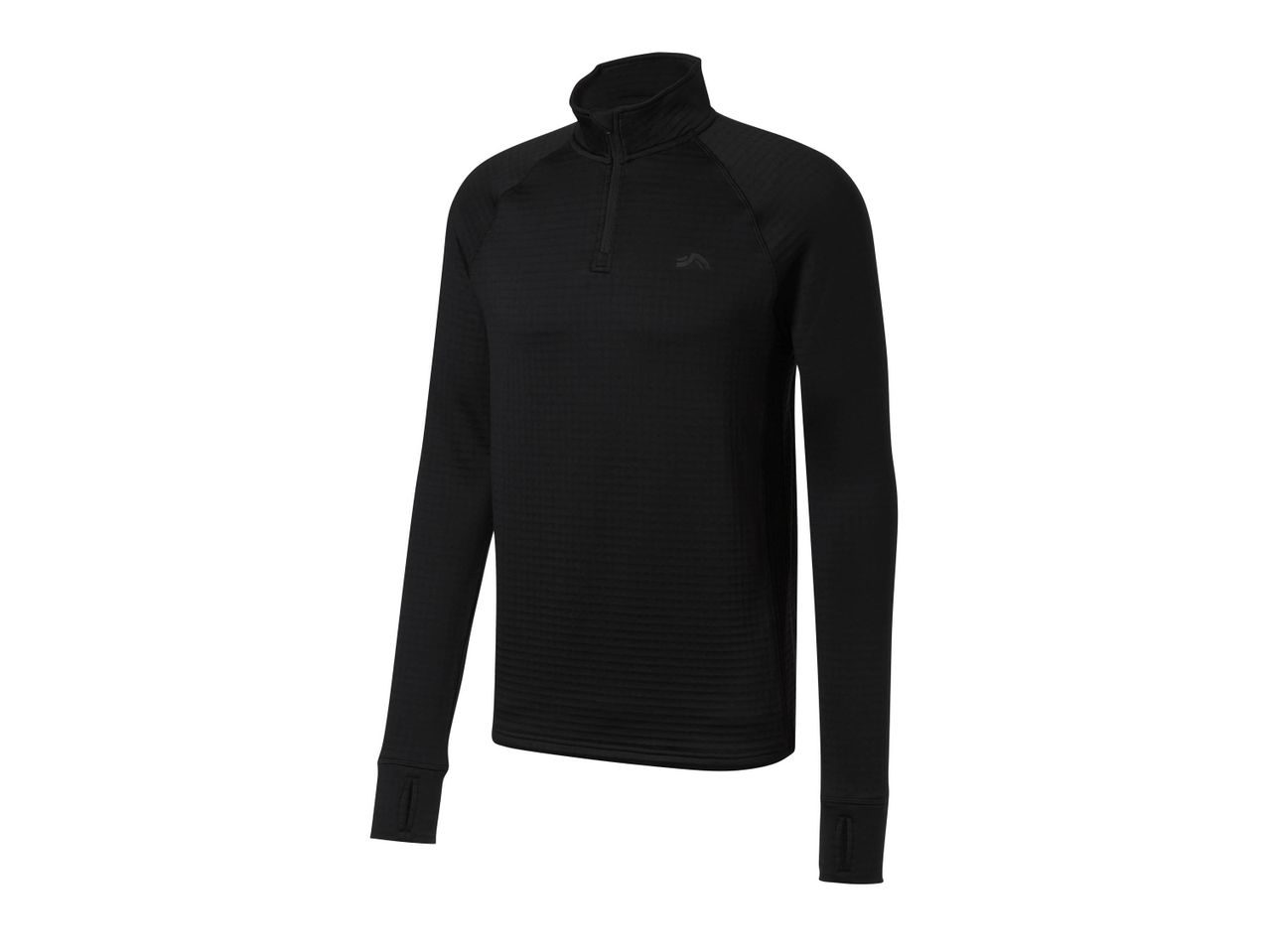 Maglia sportiva nera a maniche lunghe con cerniera a un quarto e logo discreto.