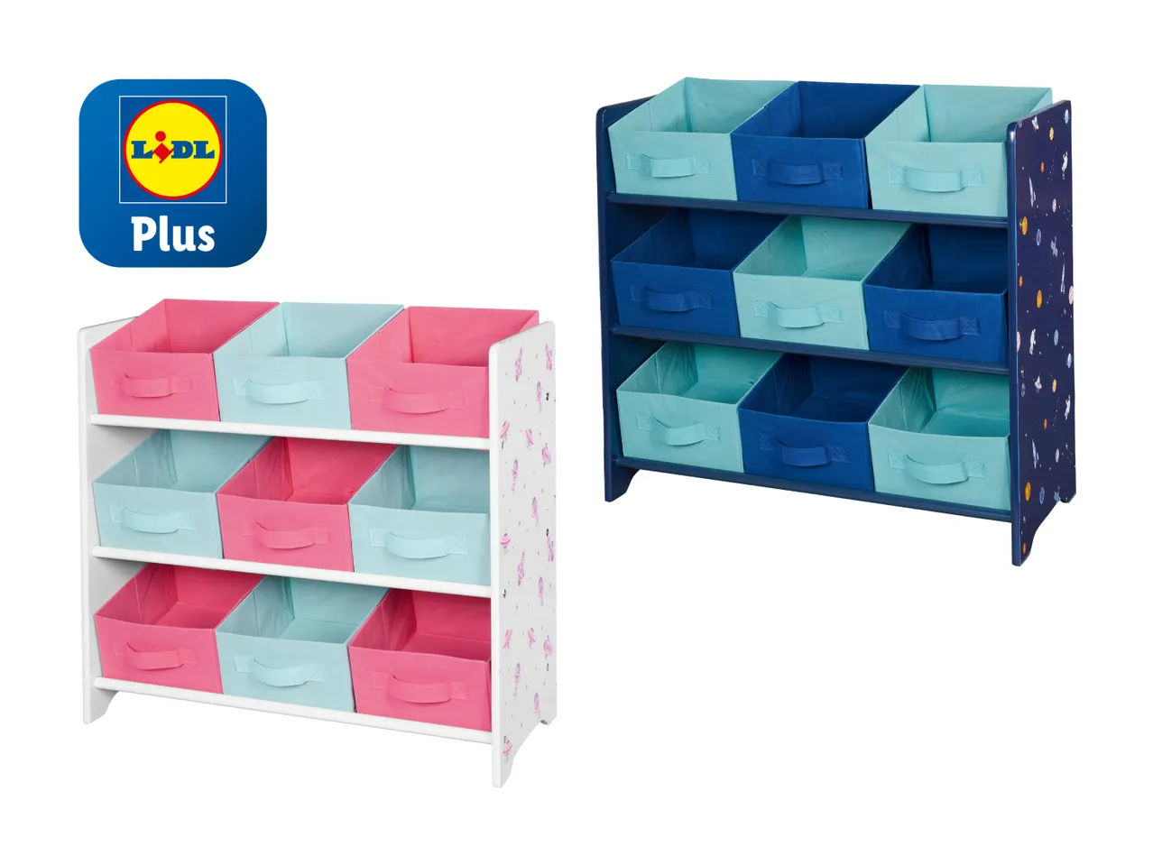 Deux rangements à 9 bacs pour enfants, un rose et blanc avec des licornes, l'autre bleu marine et turquoise avec un thème spatial, de la marque Lidl Plus.